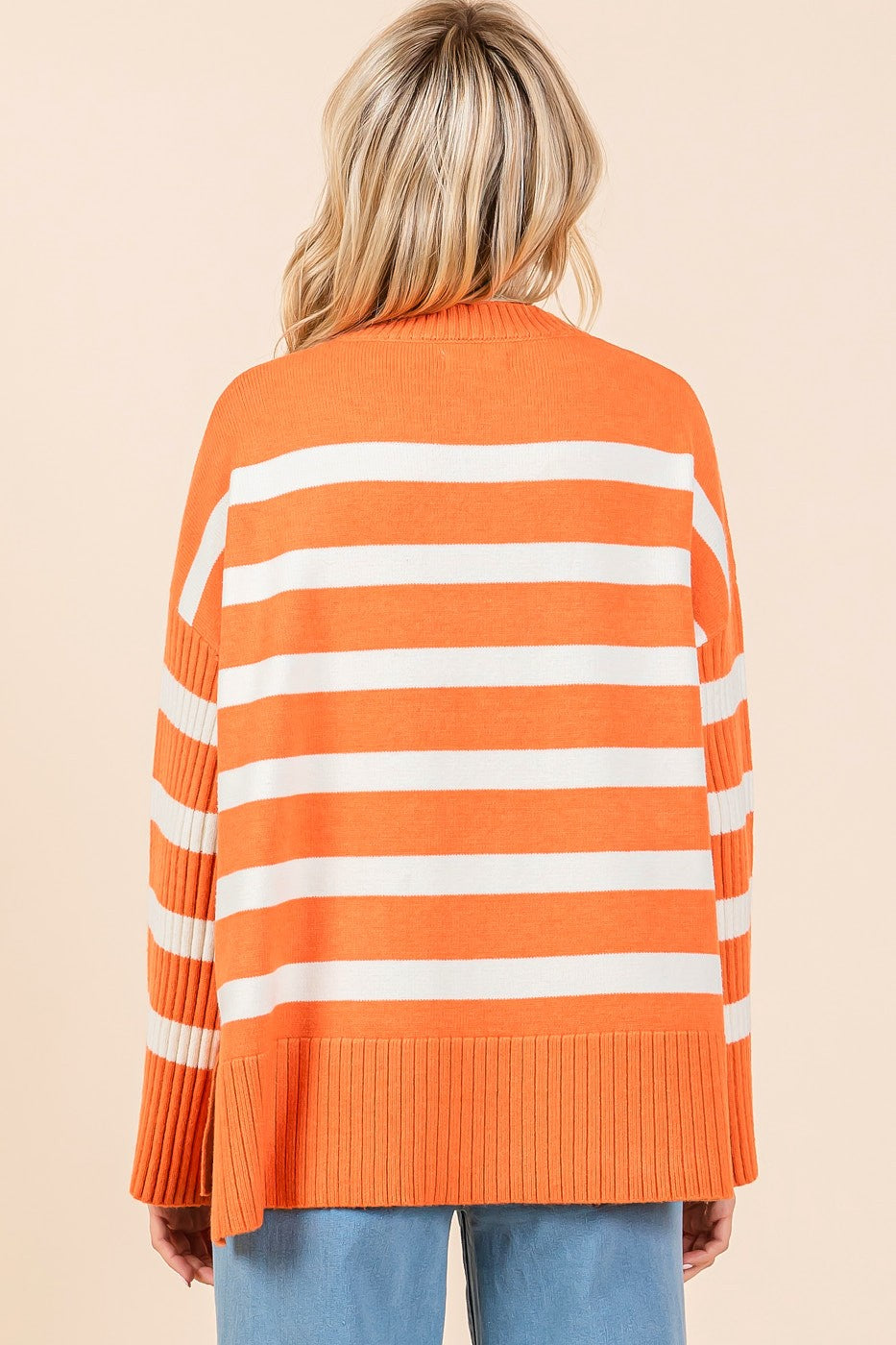 tennessee orange and white striped ribbed long sleeve oversized knit sweater in orange-back