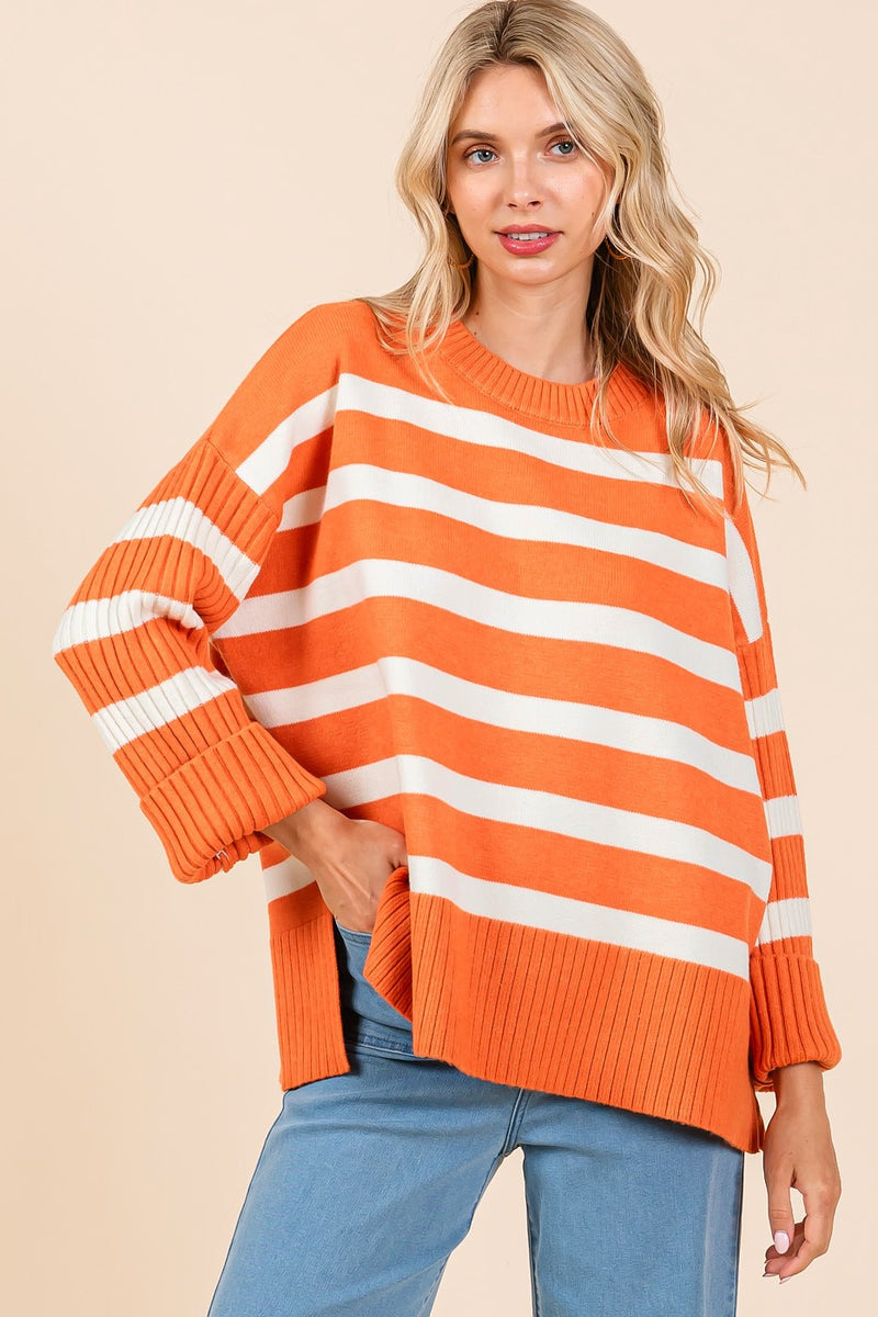 tennessee orange and white striped ribbed long sleeve oversized knit sweater in orange-front