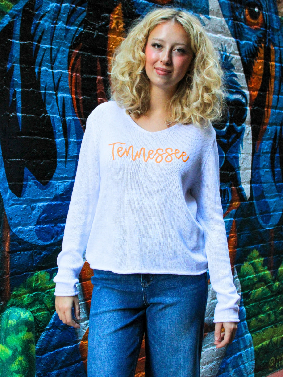 TN Script Embroidered V-Neck Sweater white with orange-front