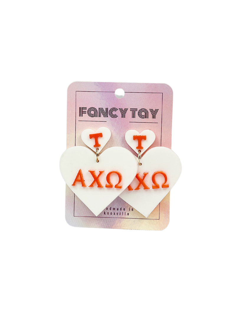 university of tennessee orange and white sorority heart dangle earrings alpha chi omega