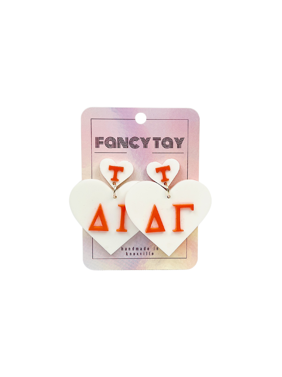 university of tennessee orange and white sorority heart dangle earrings delta gamma