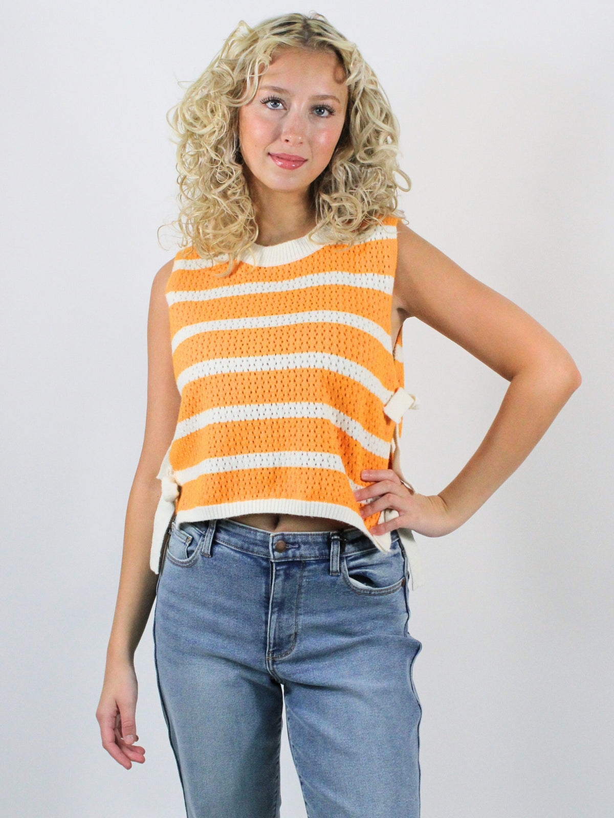 Textured Stripe Side Tied Vest Top Orange front