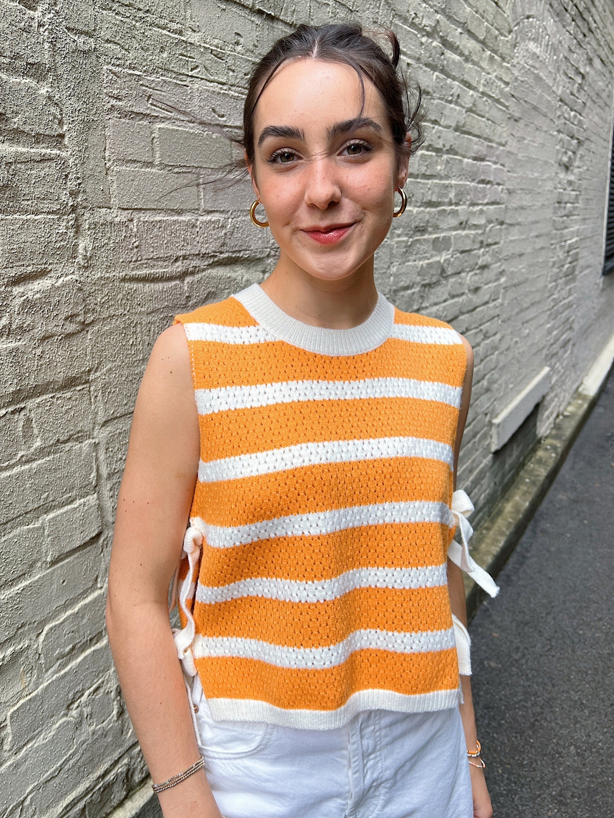 Textured Stripe Side Tied Vest Top Orange front