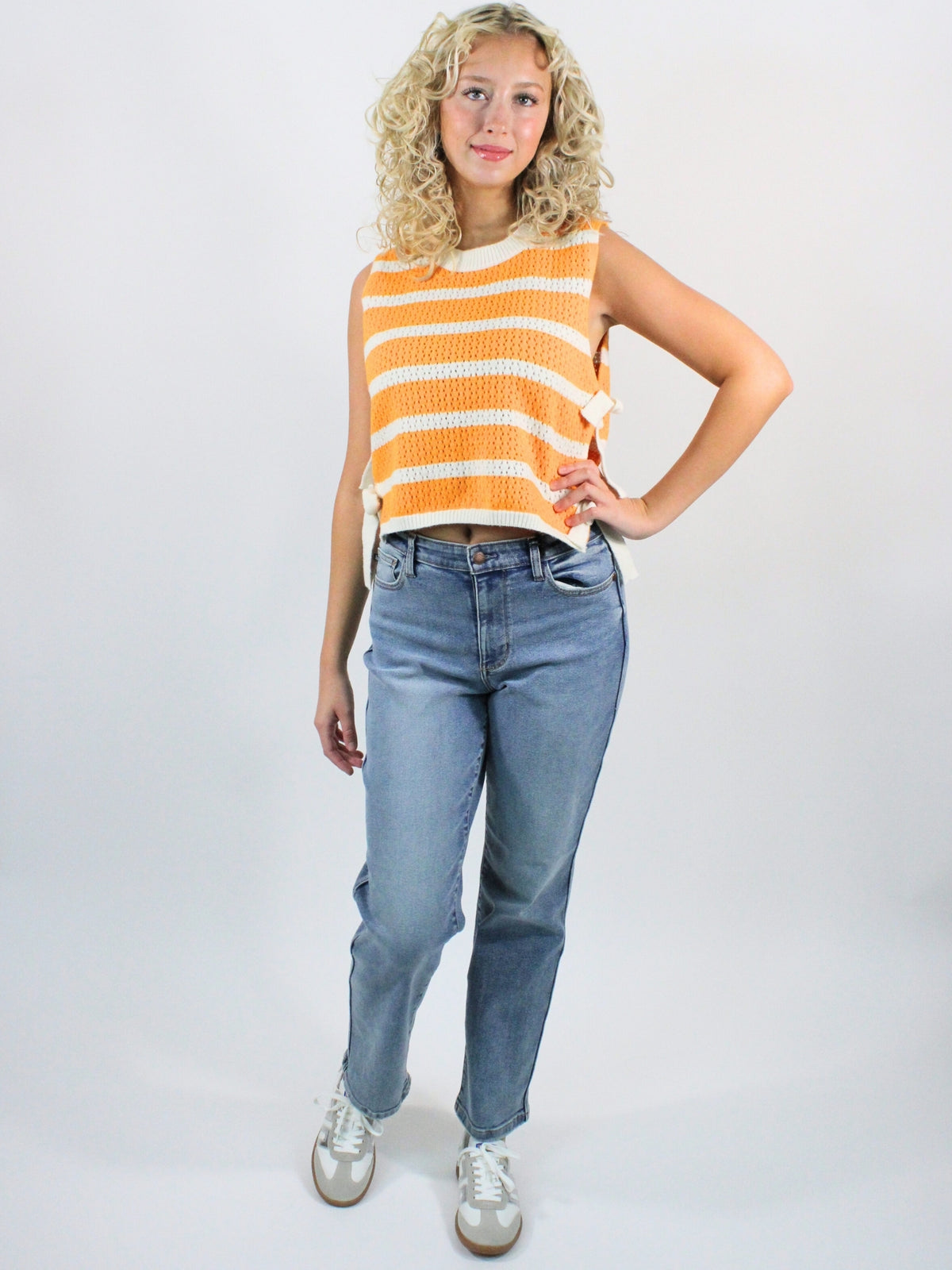 Textured Stripe Side Tied Vest Top Orange full