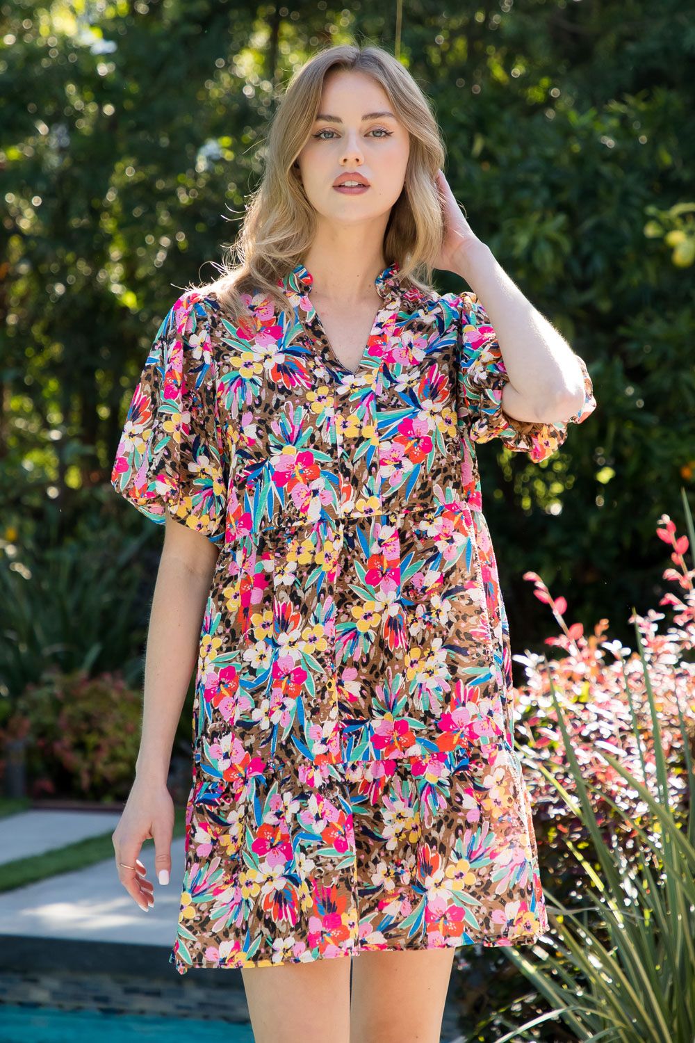 puff sleeve multi color floral dress in brown-front view