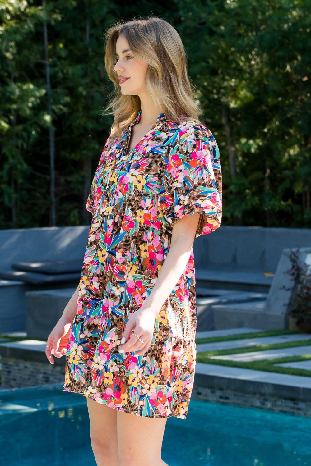 puff sleeve multi color floral dress in brown-side view