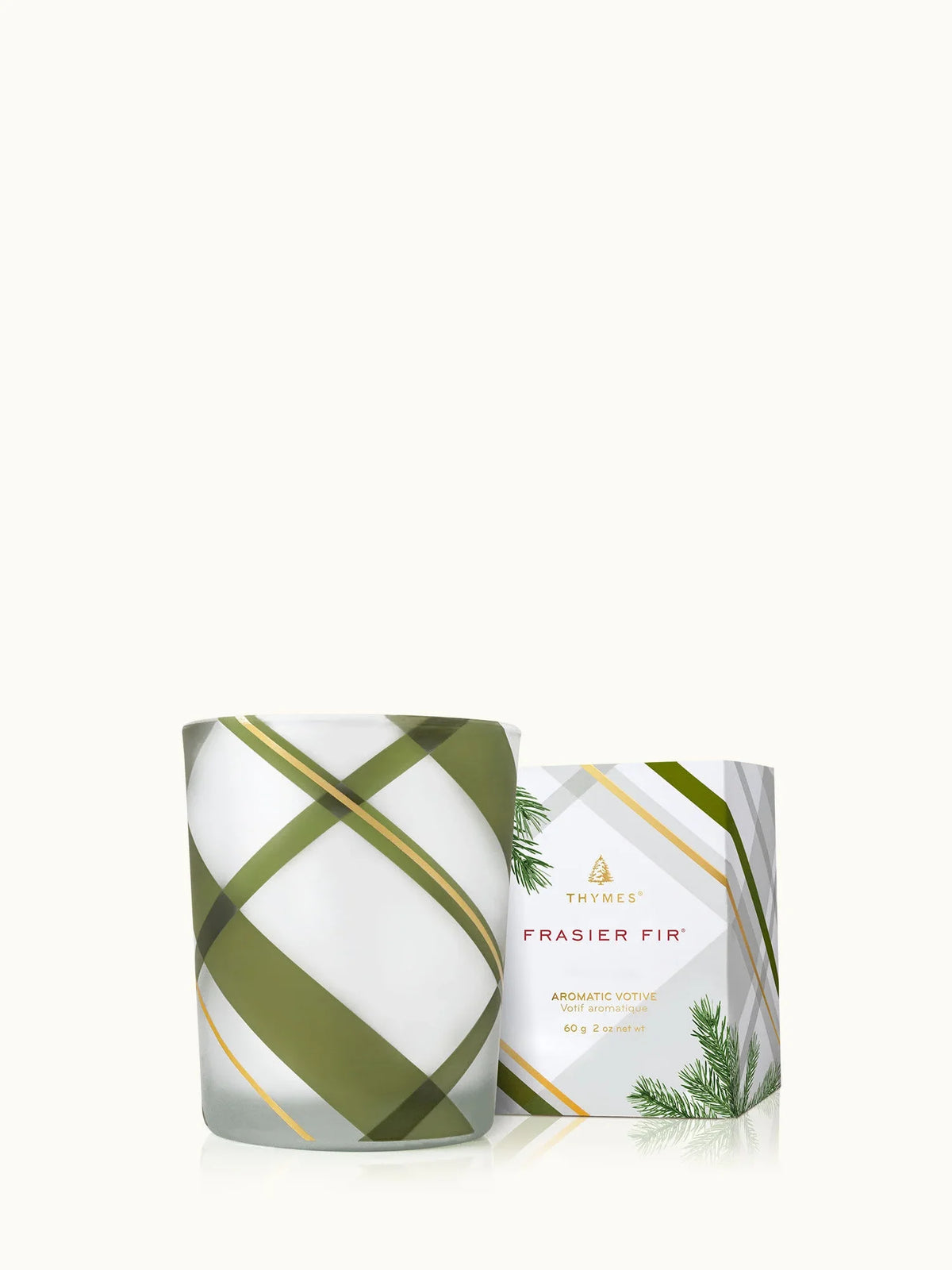 Thymes Frasier Fir Frosted Plaid Votive Candle