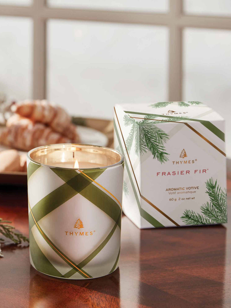 Thymes Frasier Fir Frosted Plaid Votive Candle