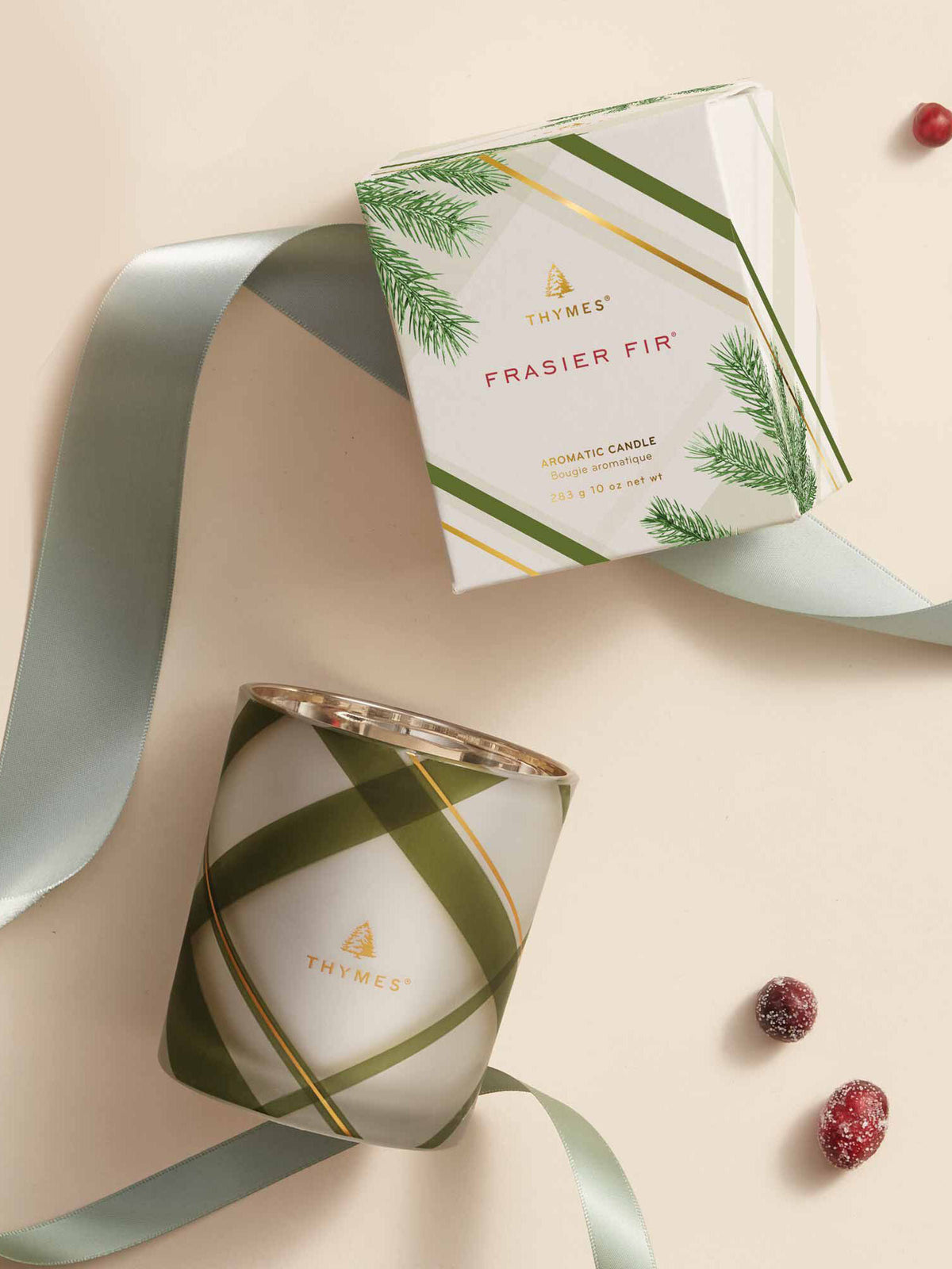 Thymes Frasier Fir Frosted Plaid Votive Candle