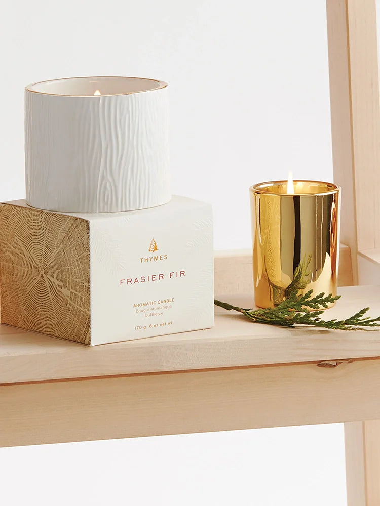 Thymes Frasier Fir Gilded Gold Votive Candle 2.0z