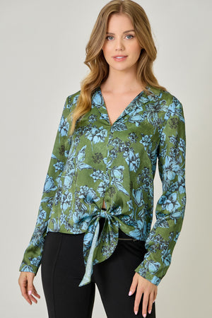 Olive Bloom Tie Front Satin Blouse