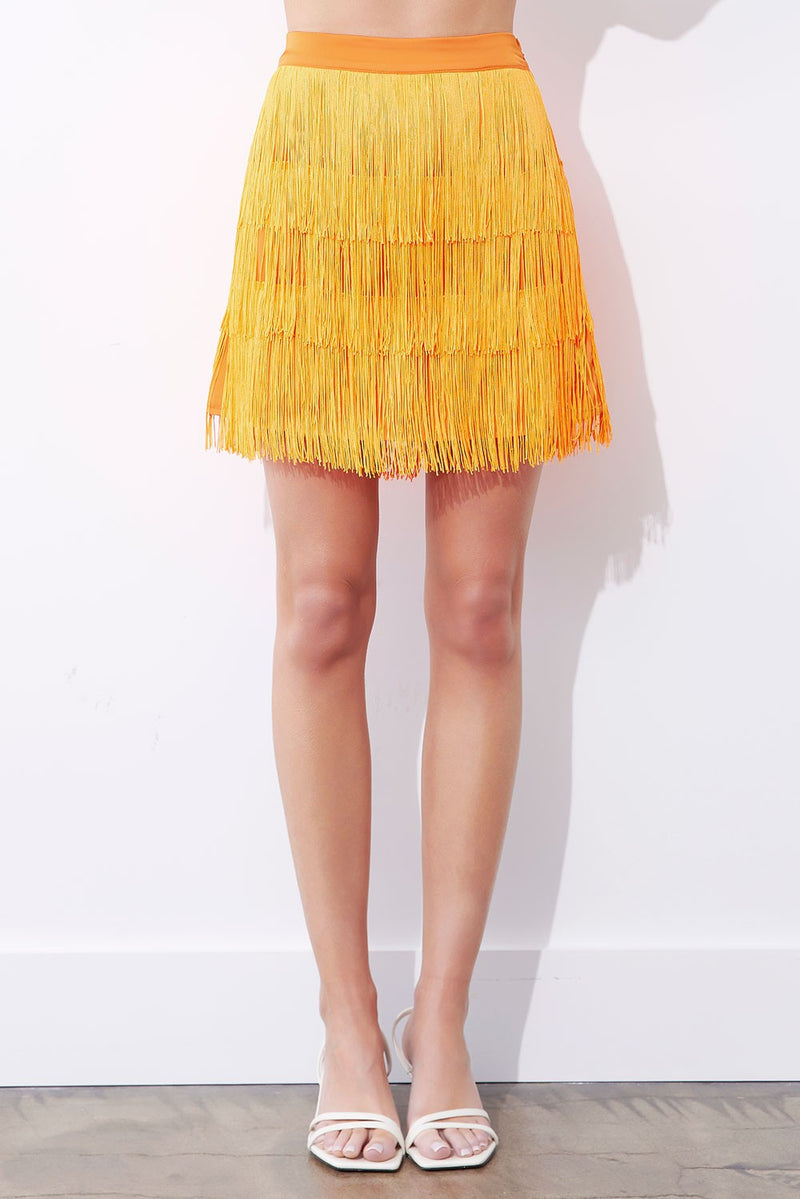 tiered fringe satin mini skirt in tennessee orange-front