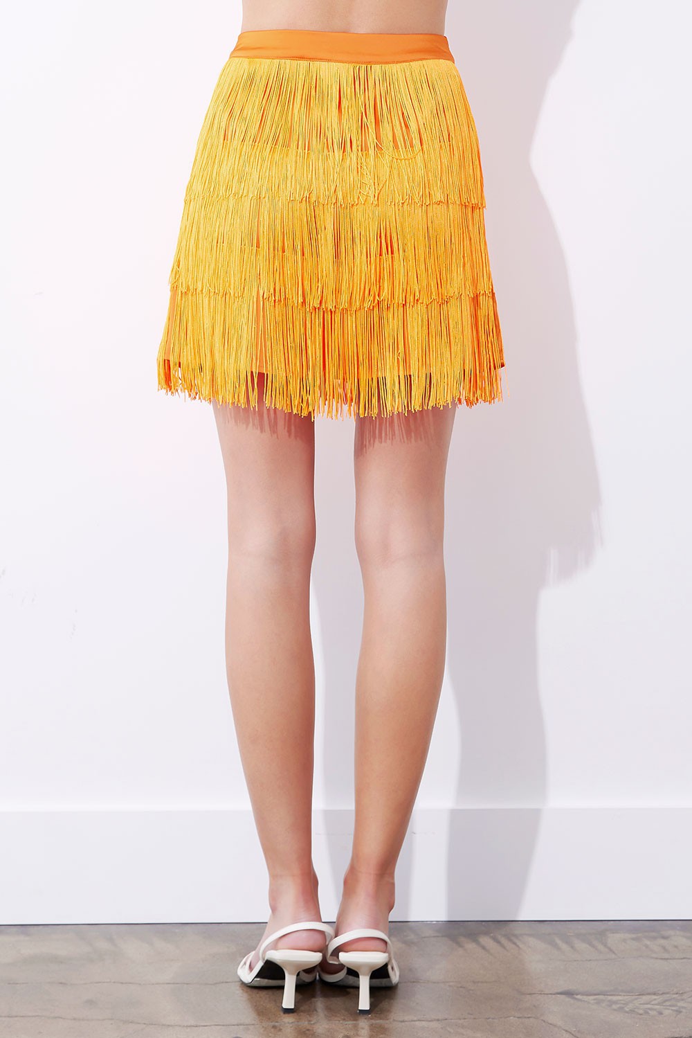 tiered fringe satin mini skirt in tennessee orange-back