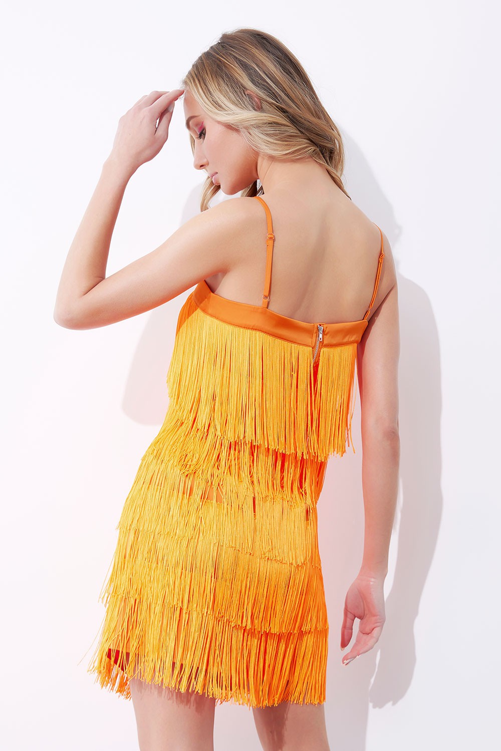 tiered fringe satin tank top in tennessee orange-back