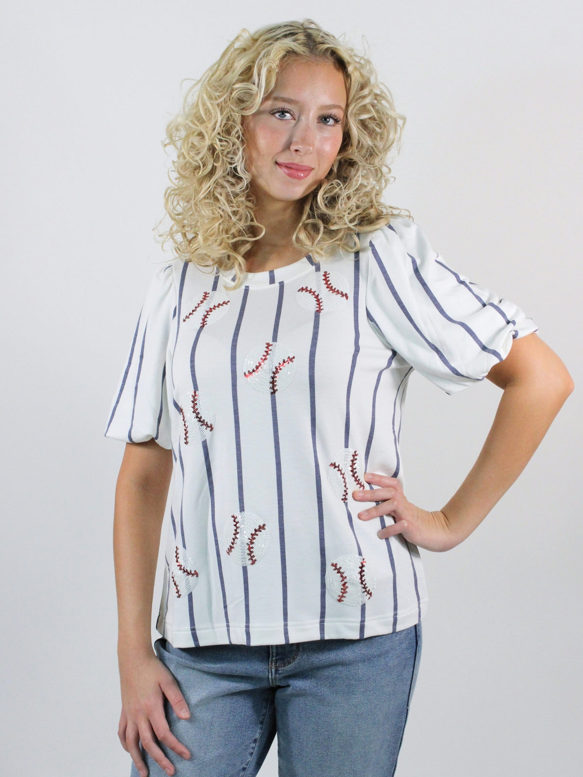 Tina Sequin Baseball Tee front