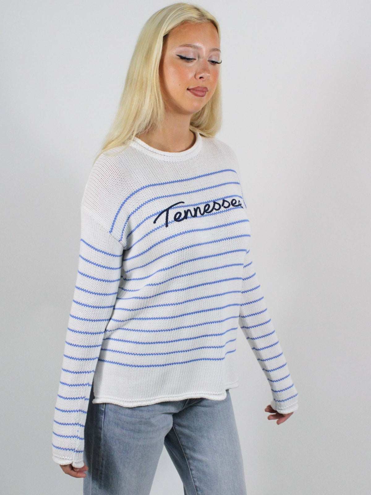 Tn Cotton Poplin Sweater Pool Blue Navy Stripe