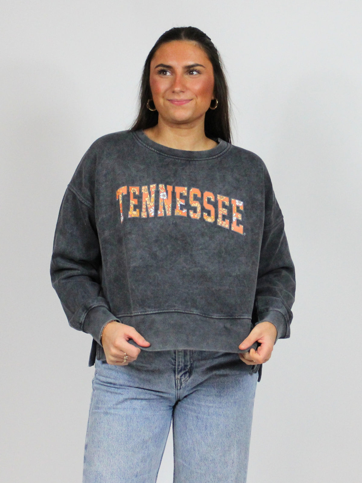 TN floral Malibu crew sweatshirt smoke front model view