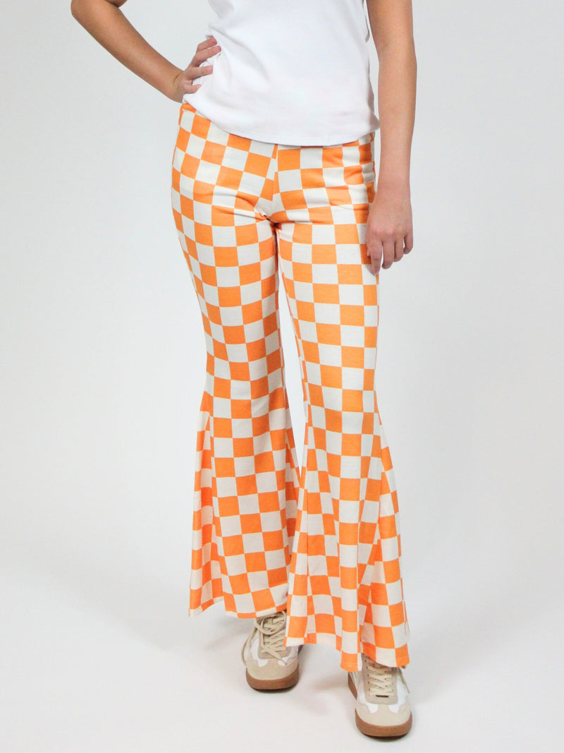 tn gameday orange and white checkerboard flare pants front close up view