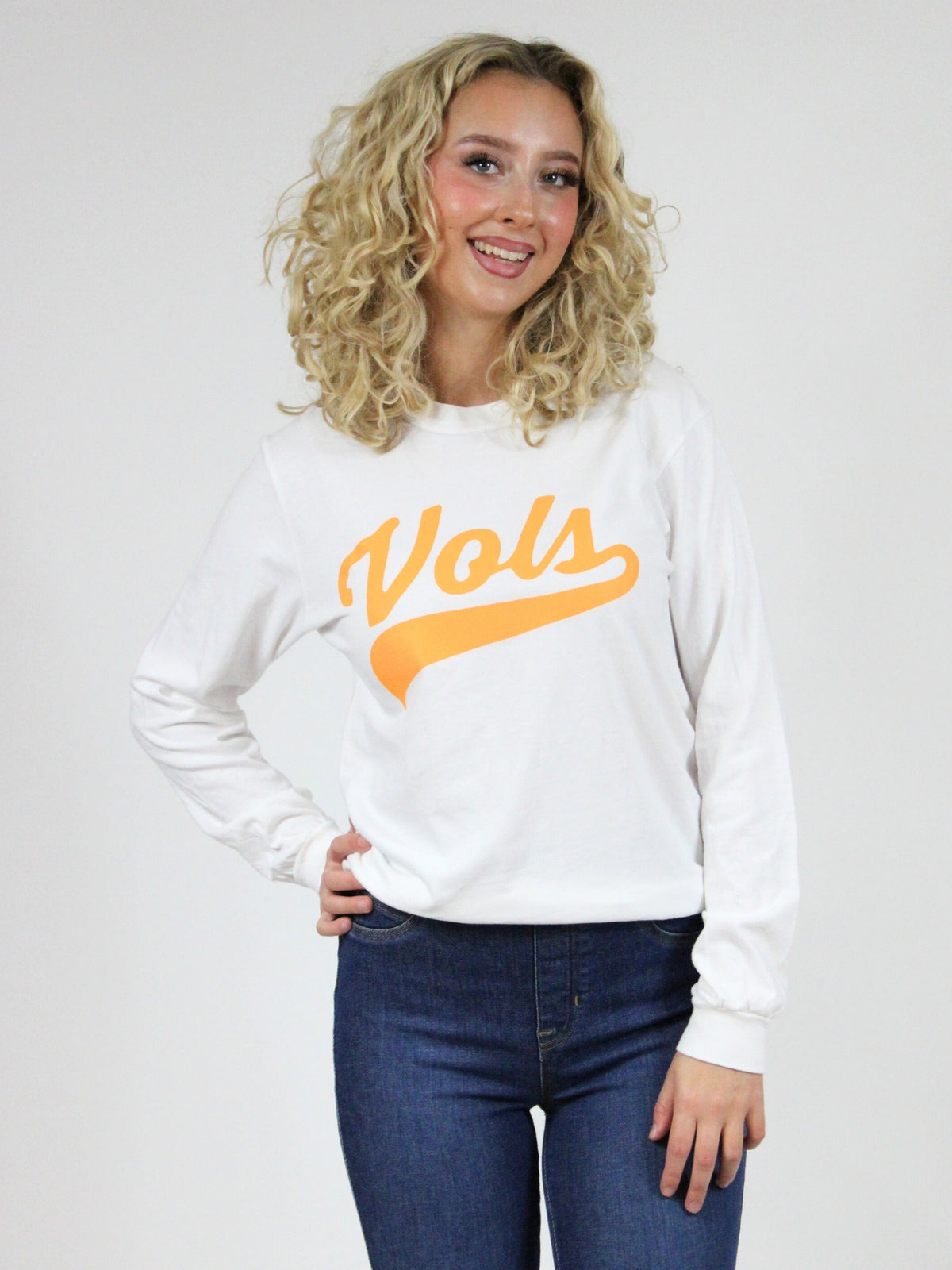 tennessee vols orange script long sleeve gameday tee in white front model view