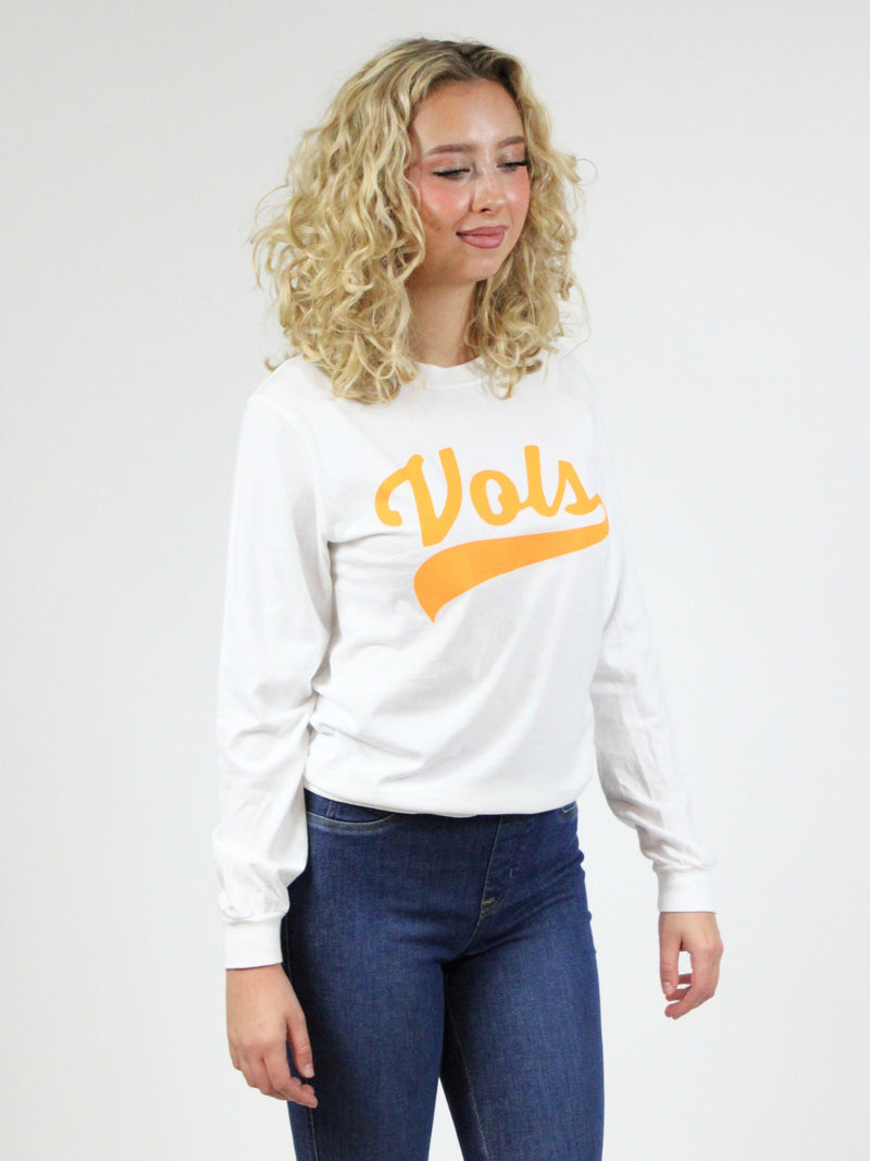 tennessee vols orange script long sleeve gameday tee in white side model view