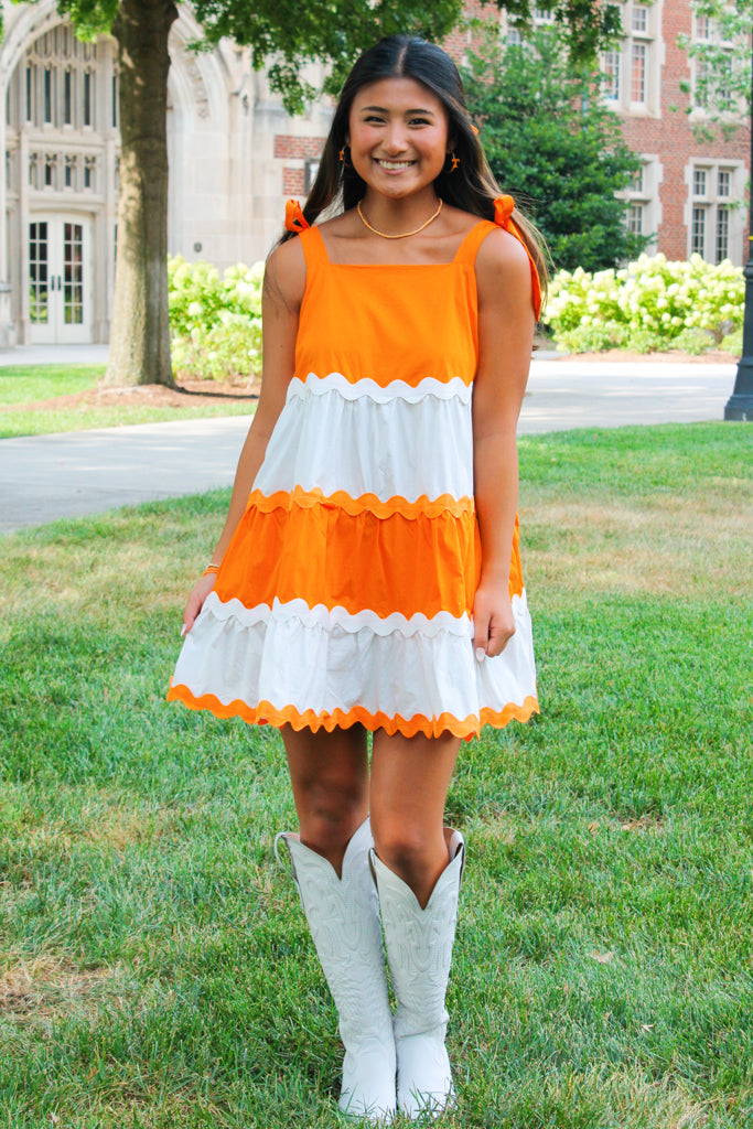 touchdown vibes orange and white ric rack dress-front