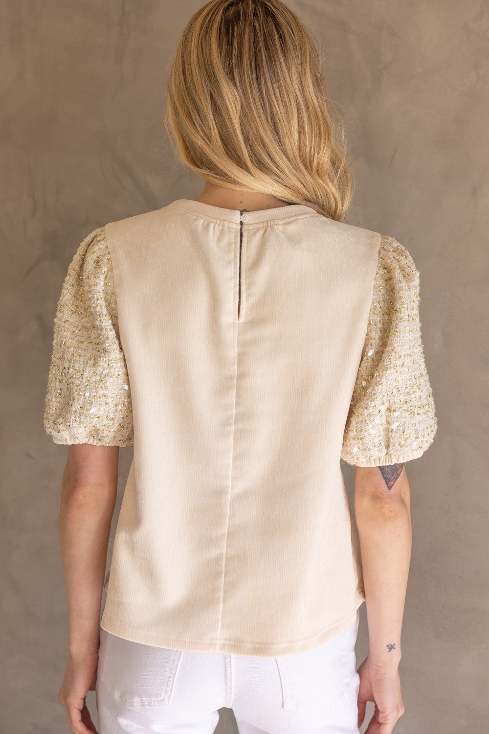 Tweed Sequin Sleeve Velvet Top in cream-back