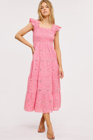 Embroidered Smocked Midi Dress Flamingo
