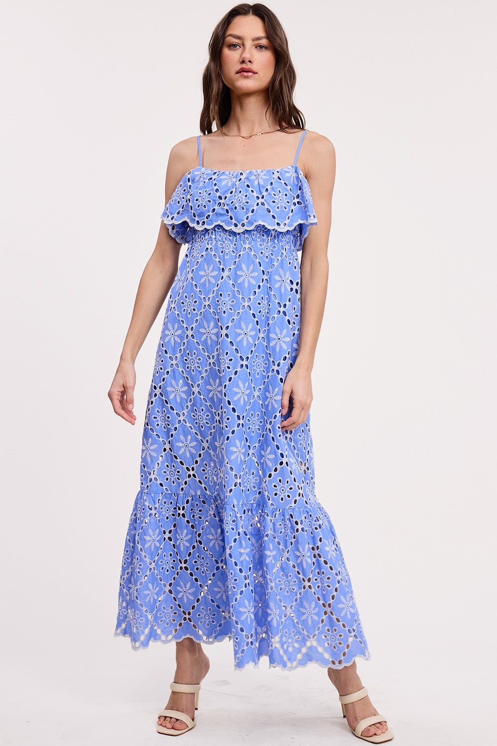 Eyelet Ruffle Midi Dress Blue