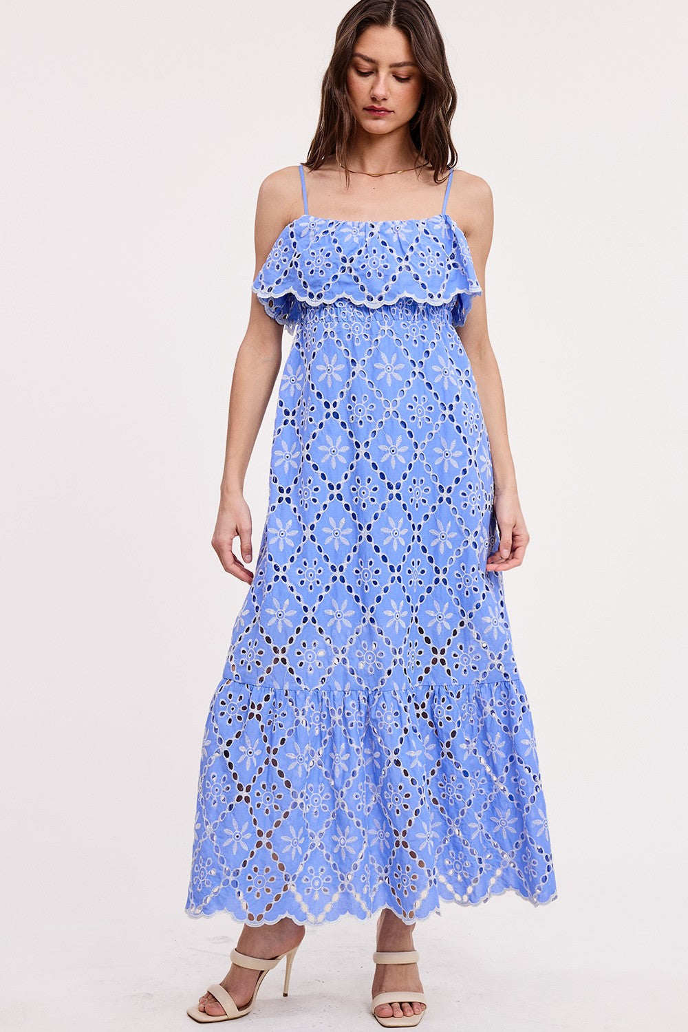 Eyelet Ruffle Midi Dress Blue