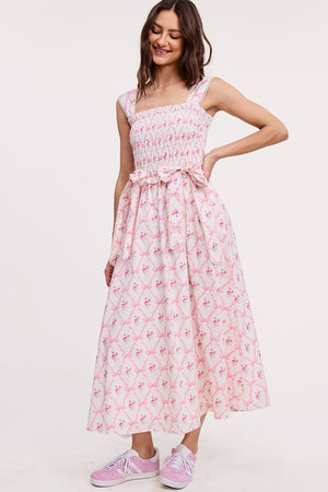 Romantic Ribbon Smocked Midi Dress Pink
