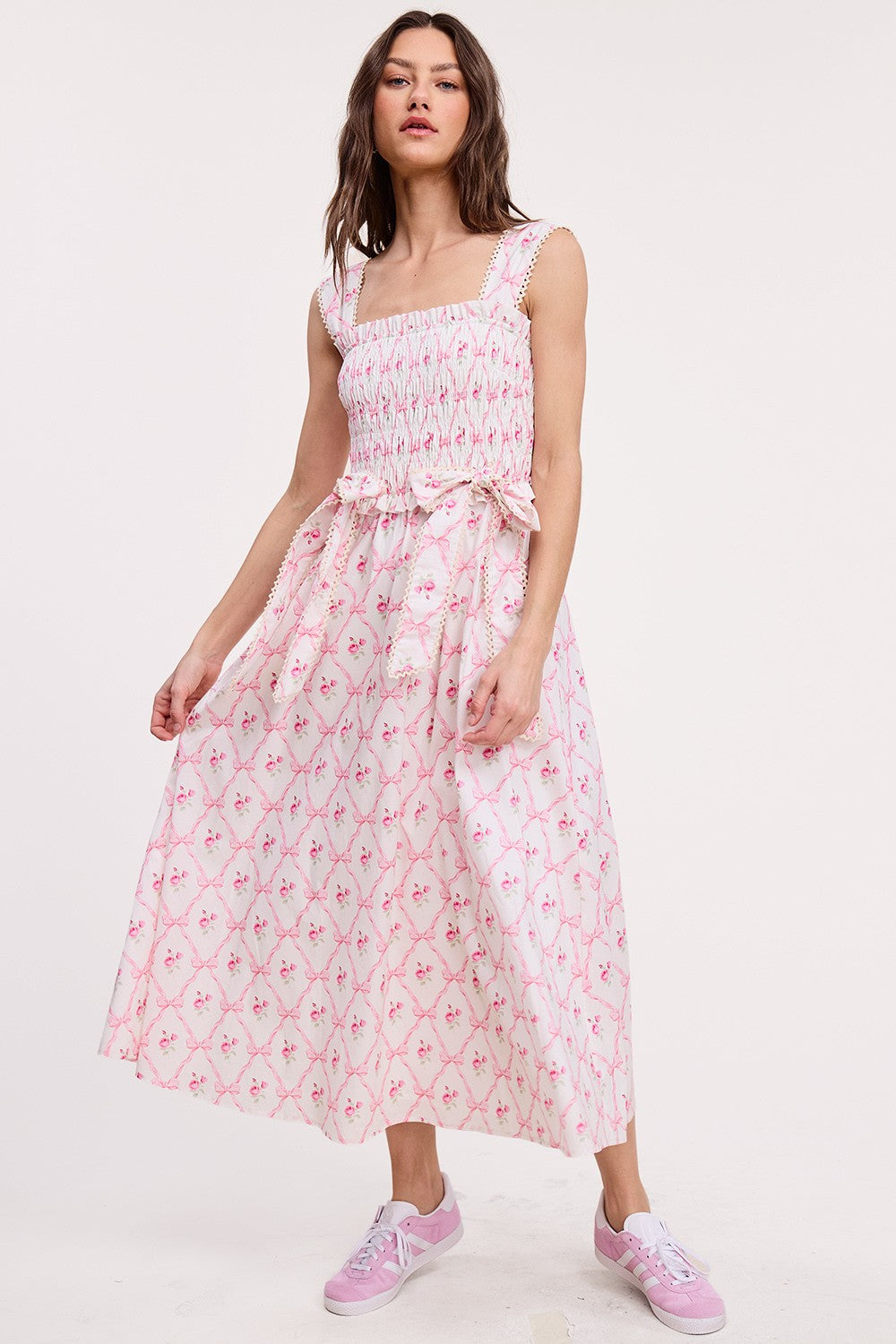 Romantic Ribbon Smocked Midi Dress Pink