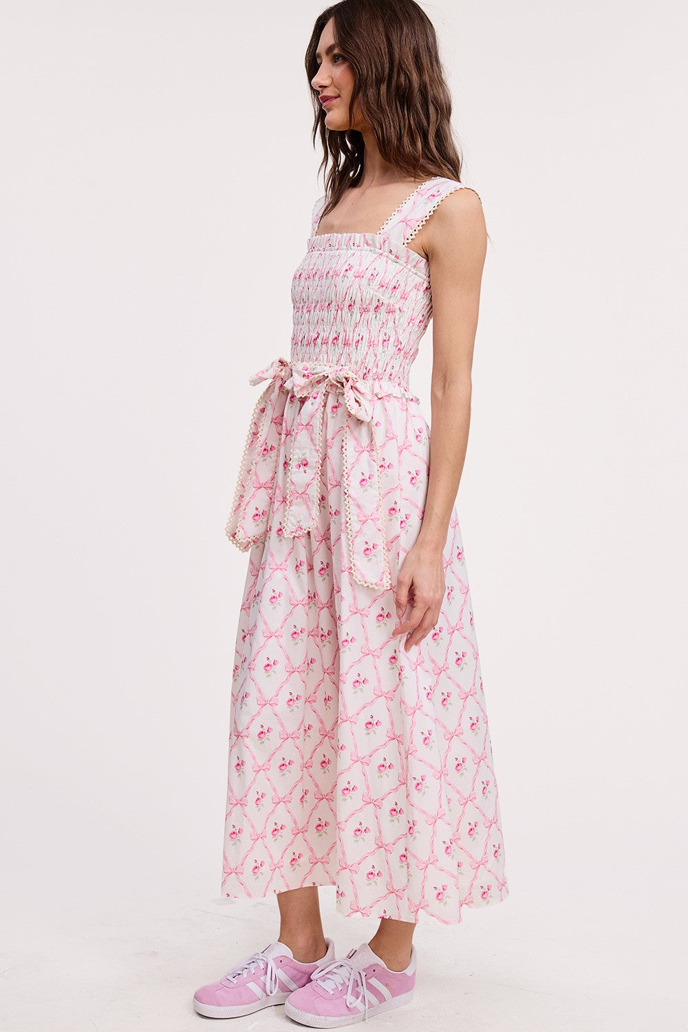 Romantic Ribbon Smocked Midi Dress Pink