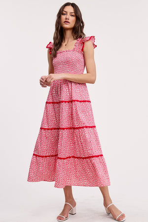 Smocked Flutter Sleeve Midi Dress Pink Red