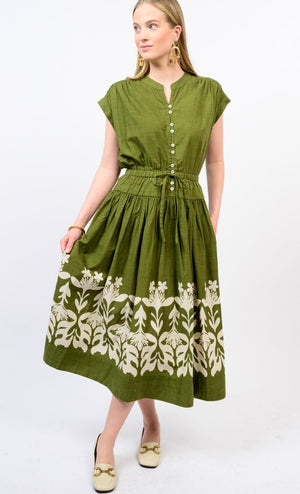 uncle frank Border Drop Waist Midi dress olive