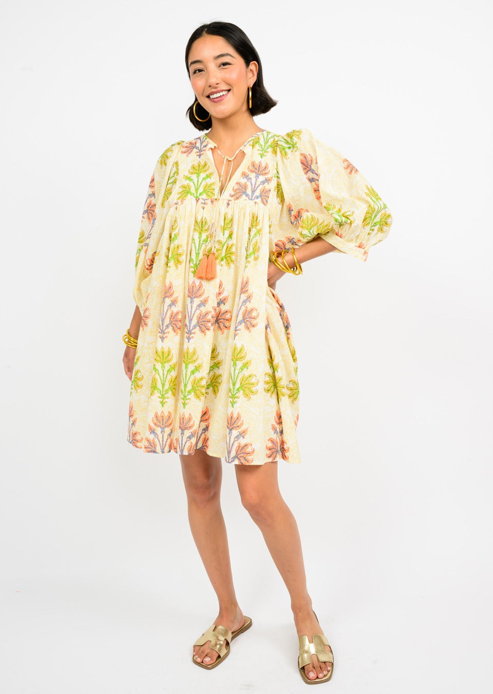 uncle frank breezy block print dress in gold 