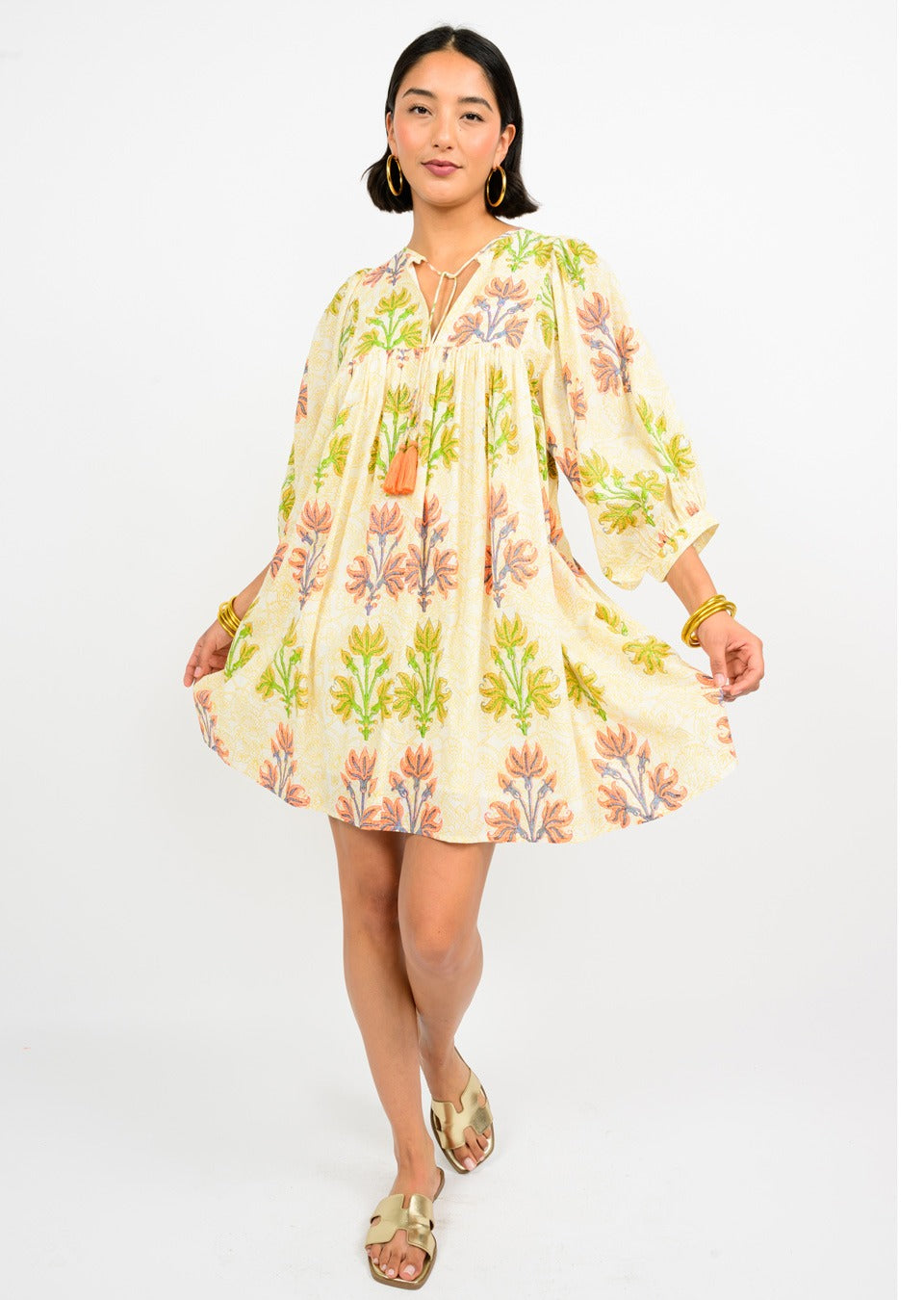 uncle frank breezy block print dress in gold 