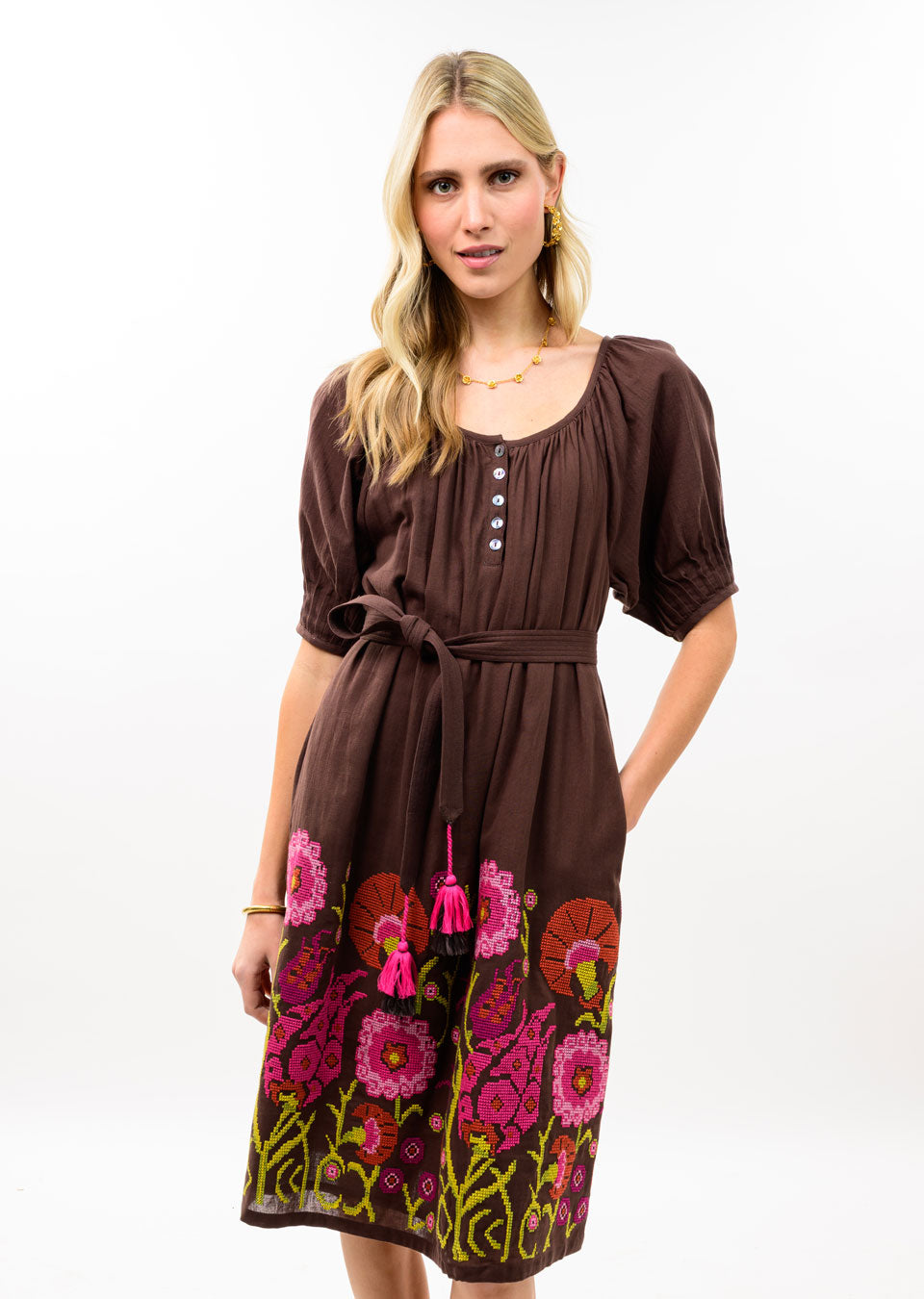 uncle frank Cross Stitch Embroidered Dress brown 