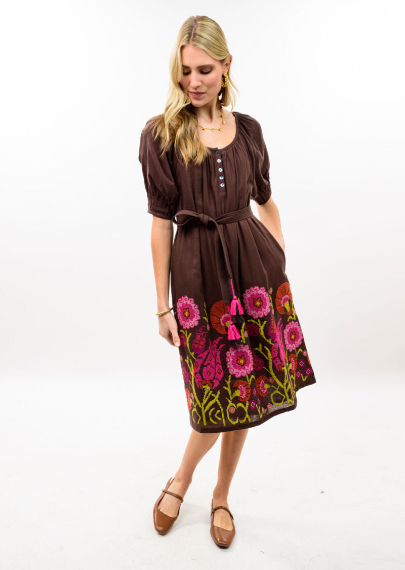 uncle frank Cross Stitch Embroidered Dress brown 