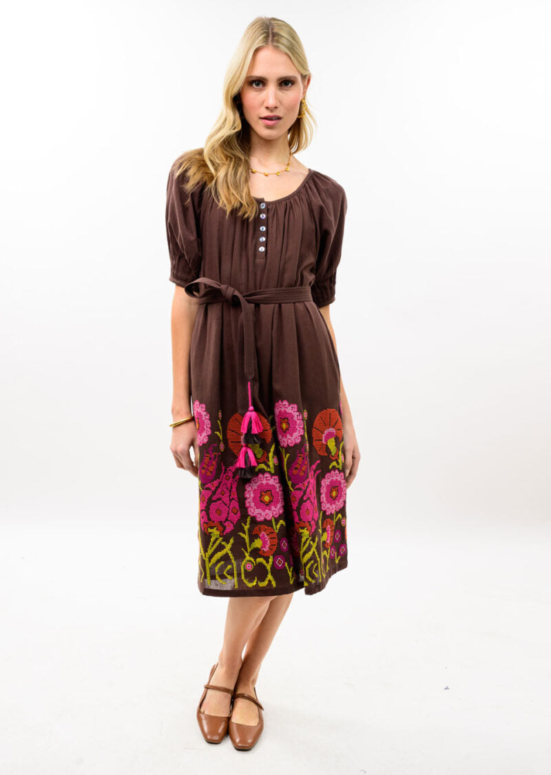 uncle frank Cross Stitch Embroidered Dress brown 