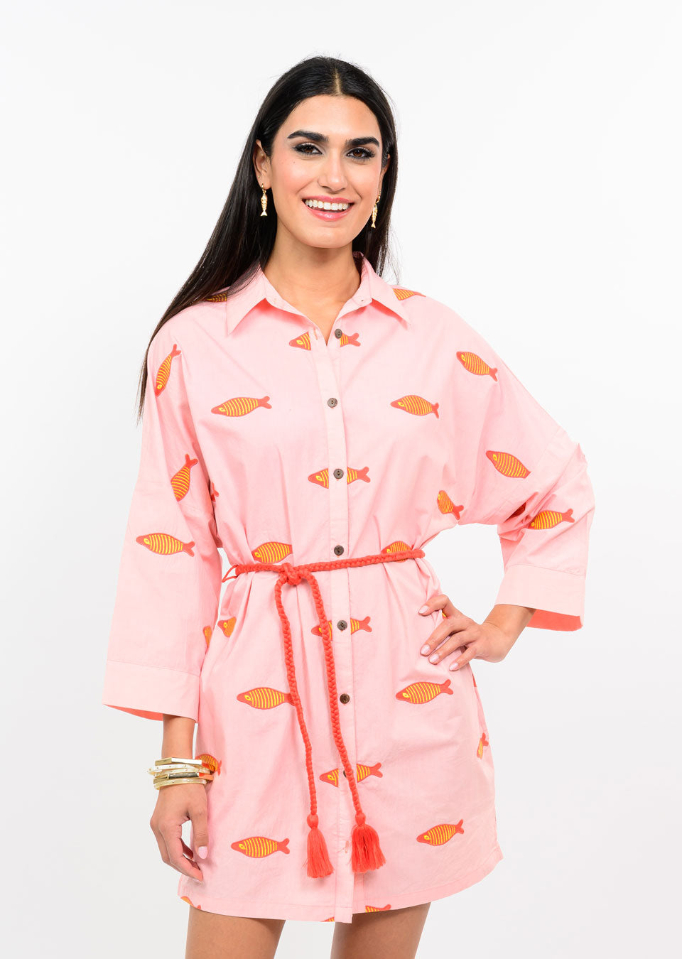 Uncle Frank Embroidered Fish Shirt Dress blush 