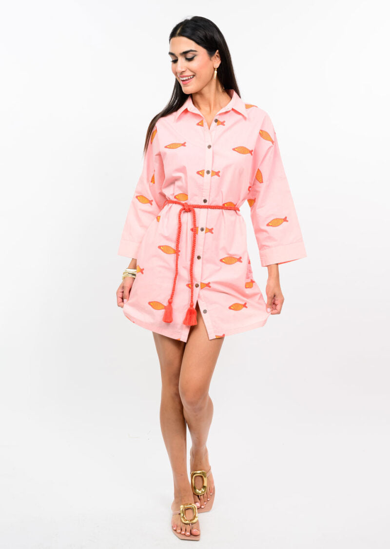 Uncle Frank Embroidered Fish Shirt Dress blush 