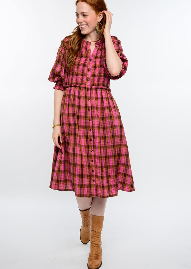 Uncle Frank Gauze Plaid Smocked Dress in berry-front