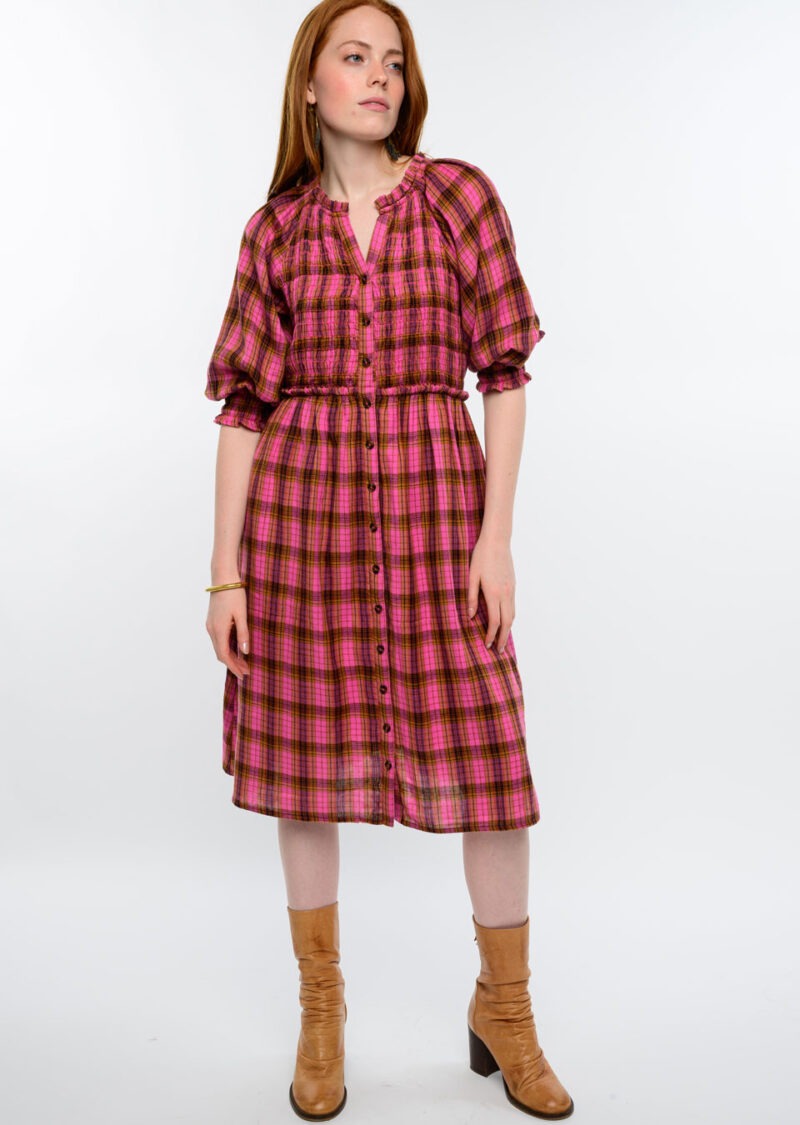 Uncle Frank Gauze Plaid Smocked Dress in berry-front