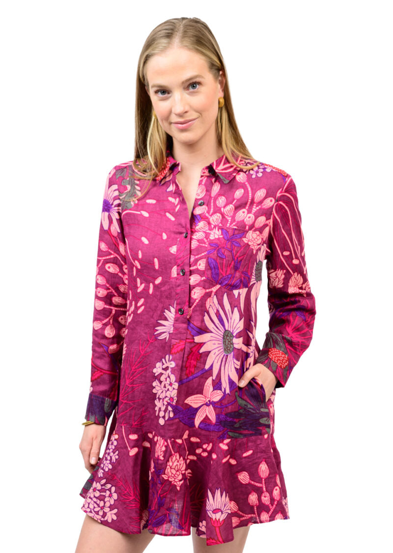 Uncle Frank Linen Dress flounce hem wine 