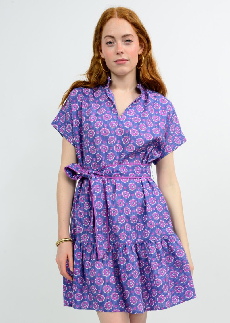 Uncle Frank Mock Kantha Stitch Floral Dress in periwinkle