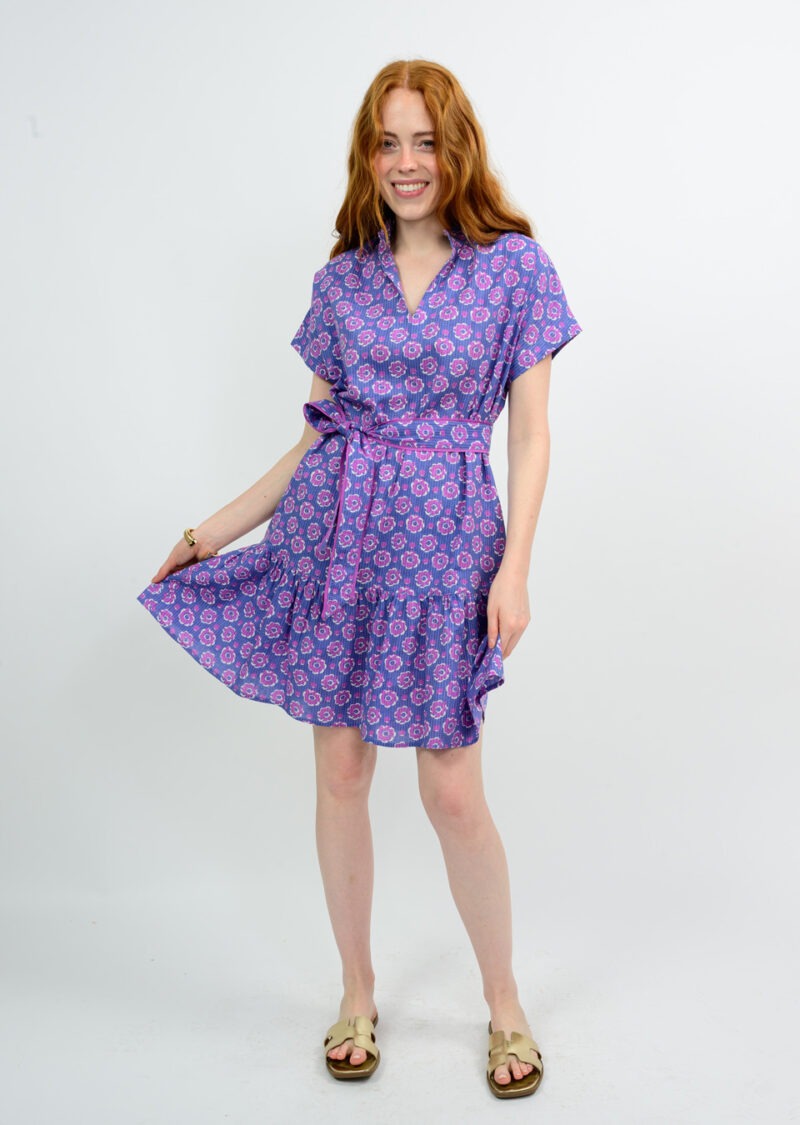 Uncle Frank Mock Kantha Stitch Floral Dress in periwinkle