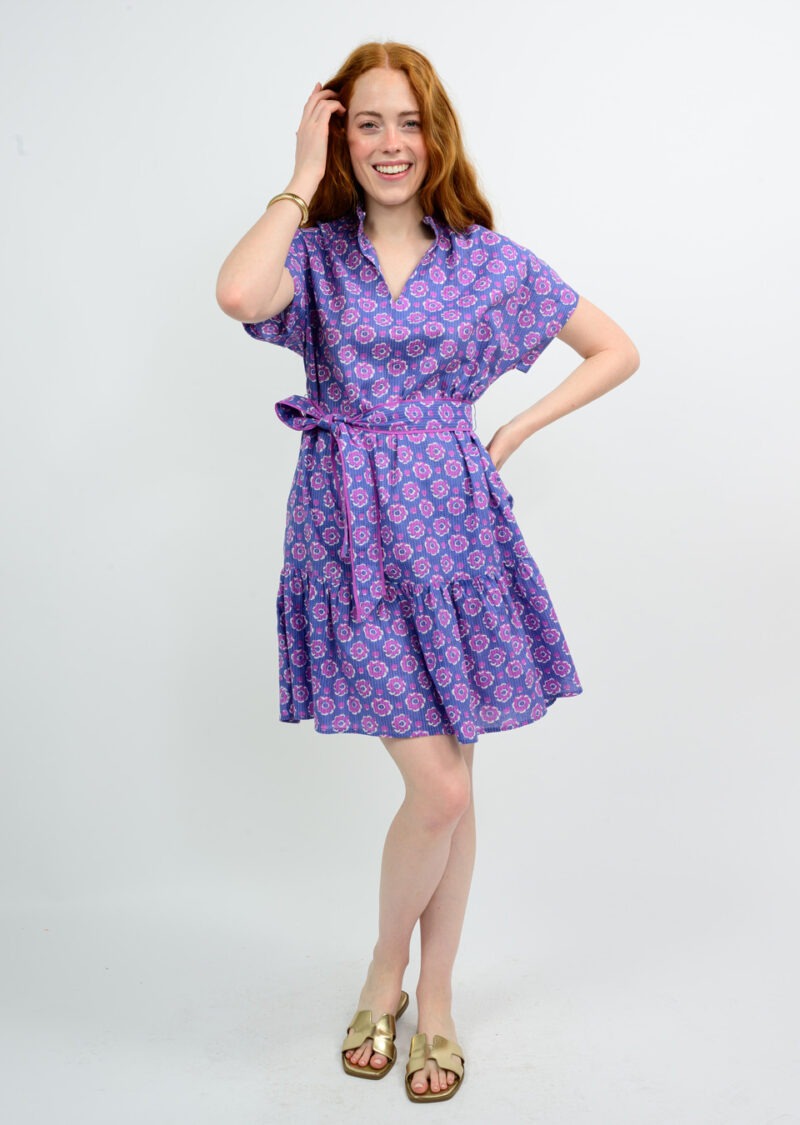 Uncle Frank Mock Kantha Stitch Floral Dress in periwinkle