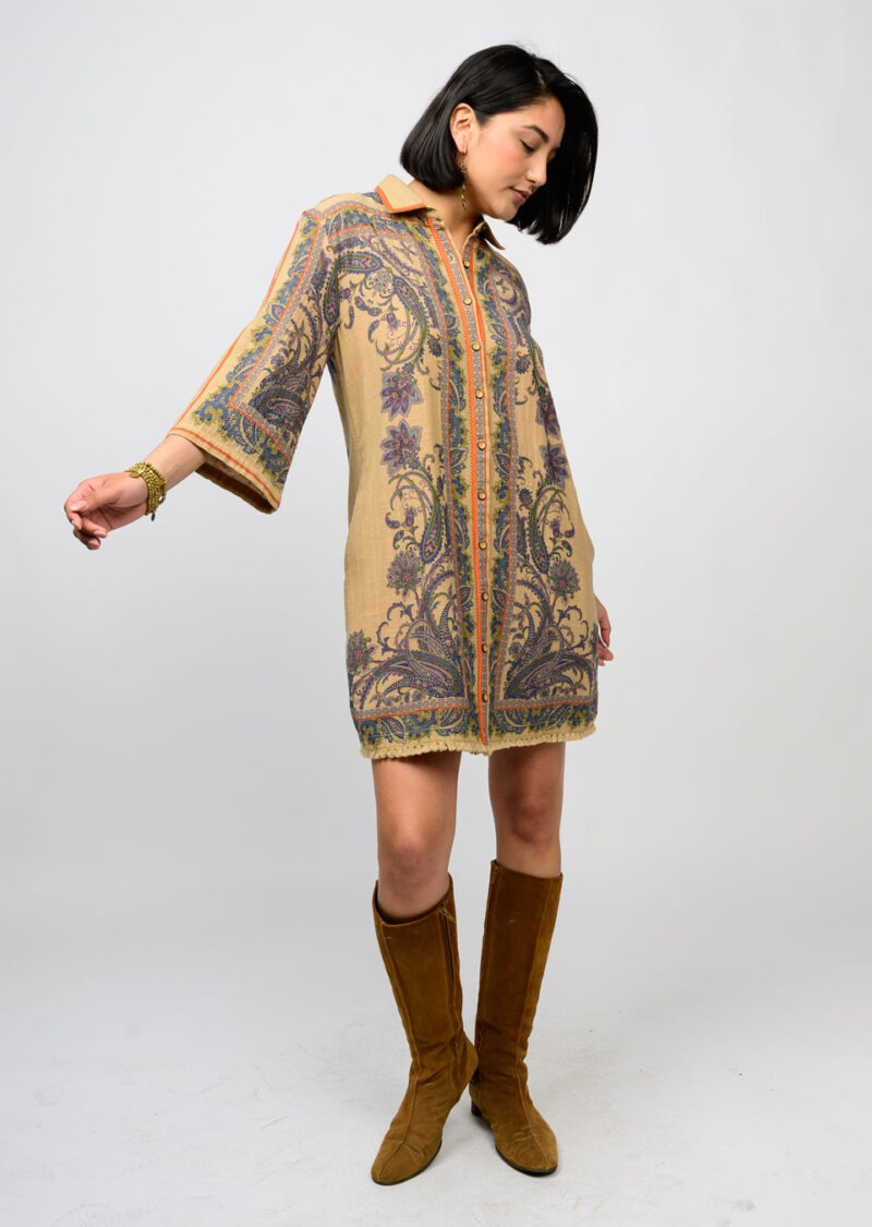 Uncle Frank Paisley Border Shirt Dress in camel 