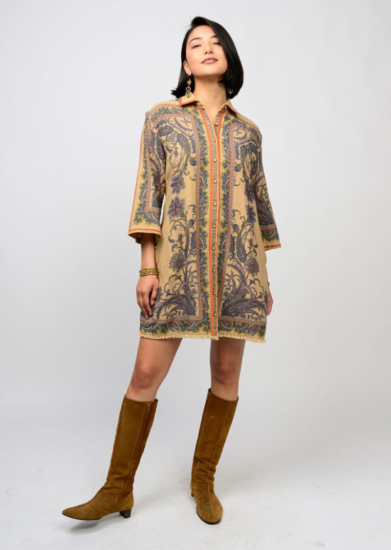 Uncle Frank Paisley Border Shirt Dress in camel 