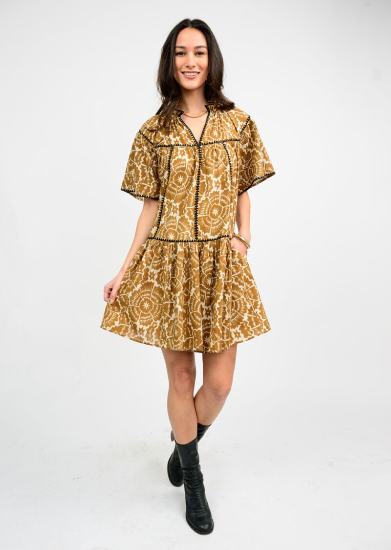 Uncle Frank Shell Stitched Trim Dress in brown 